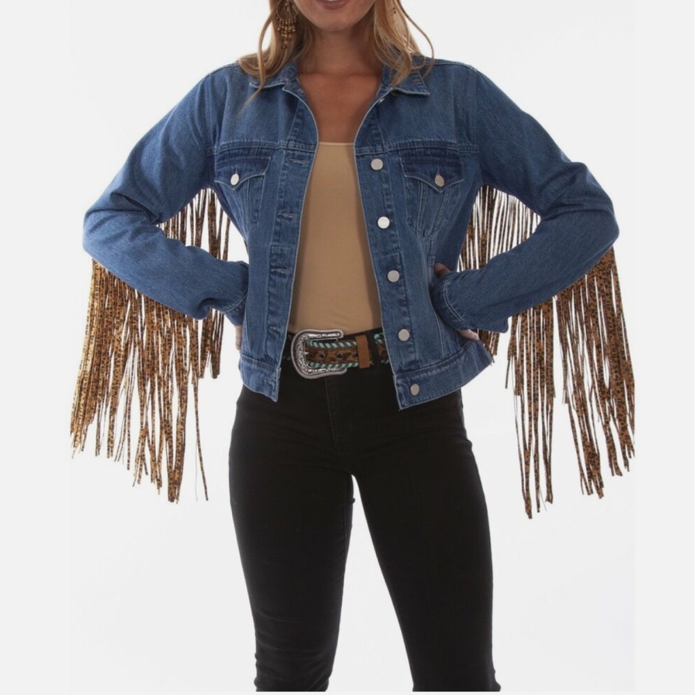NWOT SCULLY Western Denim Leopard print fringe jacket